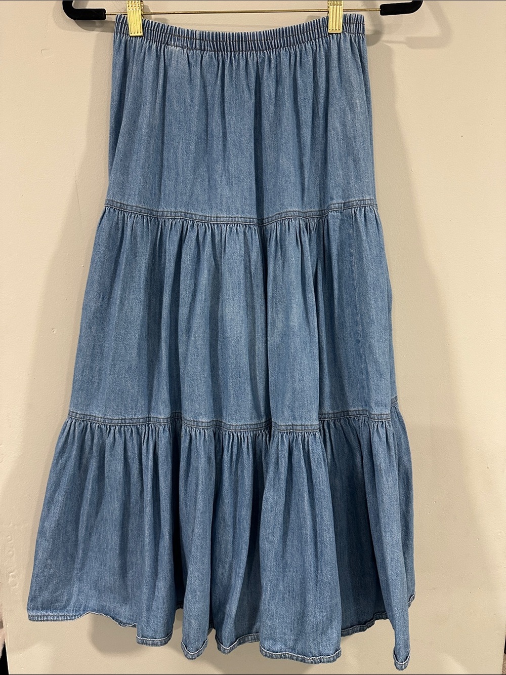 Vintage 90s Karen Kane blue denim jean tiered maxi skirt cottagecore pull on 6